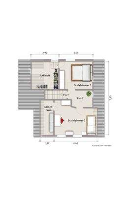 Grundriss Dachgeschoss (nicht maßstabsgerecht, Möblierungsbeispiel)
