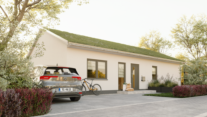 Ansicht Eingang Bungalow 100 mit Gründach