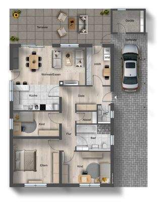 animierter Grundriss auf Original Planvorlage beispielhaft ausgestattet