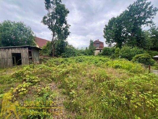 Blick von der Kleingartenanlage auf das Wohnhaus