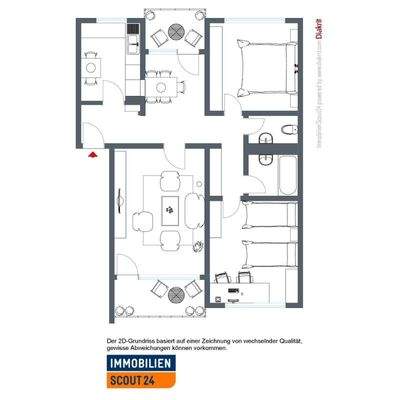 Grundriss mit Wohnzimmer, Schlaf- und Kinderzimmer, Küche mit Essecke, Bad, sep. WC