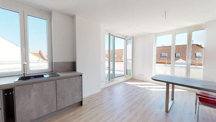 Küche mit Zugang zur Dachterrasse