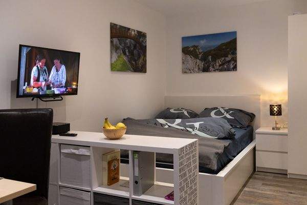 Blick vom Essbereich über den Raumteiler auf das gemütliche Doppelbett. Links der ausklapp- und schwenkbare Fernseher.