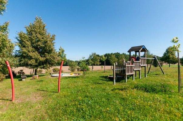 Spielplatz mit Basketballkorb und Fußballfeld vor der Haustür