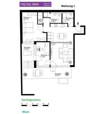 Der Grundriss der Gartenwohnung mit Lift