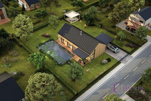 Bungalow 106 Außenansicht 5 mit Logo