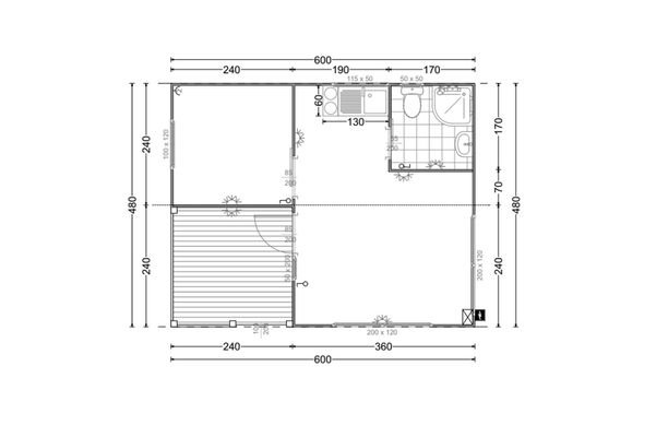 Plan - Moderner Bürocontainer mit Terrasse Badezimmer und Küche Miete Perwang am Grabensee