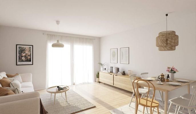 In dem hell erleuchteten Wohnzimmer kommt die ganz