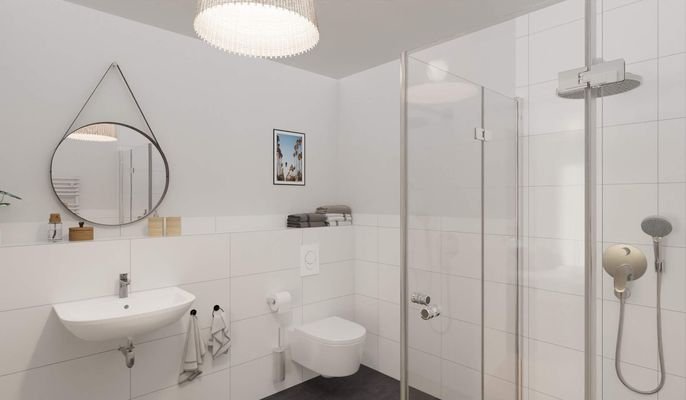 Modern gefliestes Badezimmer mit bodengleicher Dusche