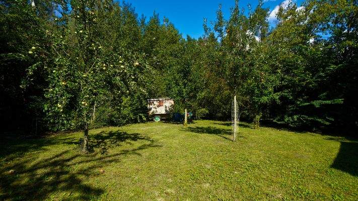 Gartenbereich mit altem Schäferwagen