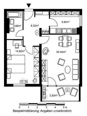 Grundriss mit Flur (8,32m²), Bad (4,66 m²), Küche (6,82 m²), Schlafzimmer (14,82 m²), Wohnzimmer 20,45 m²)  und Loggia.JPG