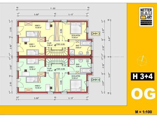 Grundriss Obergeschoss Haus 3 + 4
