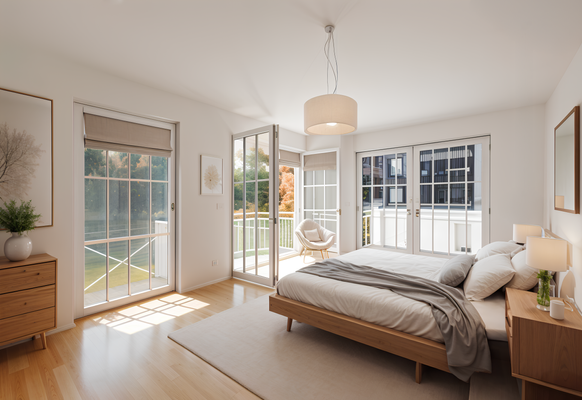 Helles Schlafzimmer mit Blick ins Grüne (visualisiert)