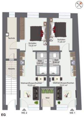 Grundriss Erdgeschoss - WE 1 + WE 2