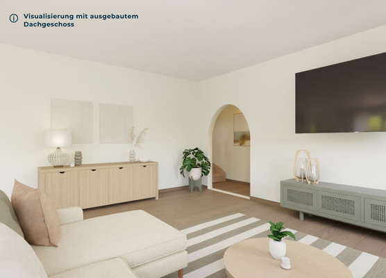 Visualisierung Wohnzimmer mit integrierter Treppe ins Dachgeschoss