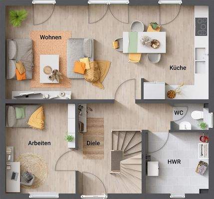 Grundriss Erdgeschoss, 5. Zimmer, offene Küche