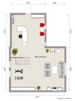 Grundriss Dachgeschoss (nicht maßstabsgerecht, Möblierungsbeispiel)