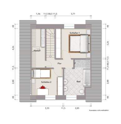 EFH1: Grundriss Dachgeschoss (nicht maßstabsgerecht, Möblierungsbeispiel)