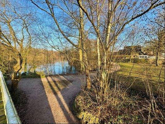 Blick von der Dachterasse auf den See-Park