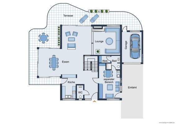 Erdgeschoss ohne Garten - Grundrissskizze des Hauses - nicht maßstabsgetreu - Möblierung dient lediglich zur Veranschaulichung und ist nicht Bestandteil des Hauses