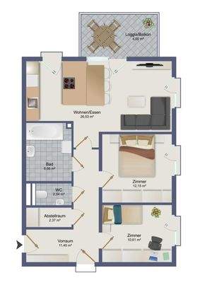Grundriss Typ A, 3-Zimmer-Wohnung