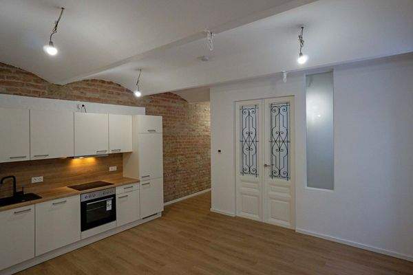 Wohnküche Richtung Wohnzimmer mit Doppelflügeltür mit satiniertem Glas und schmiedeeisernem Gitter