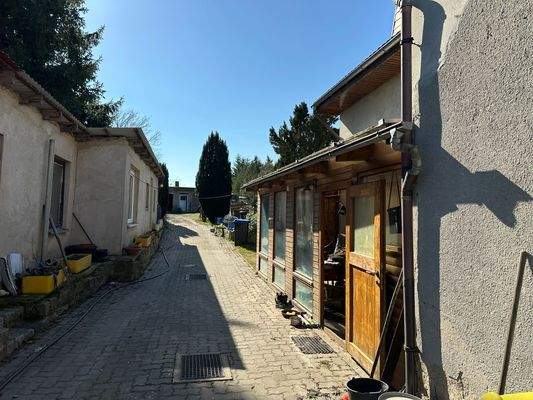 Blick von der Einfahrt nach Süden auf das Grundstück