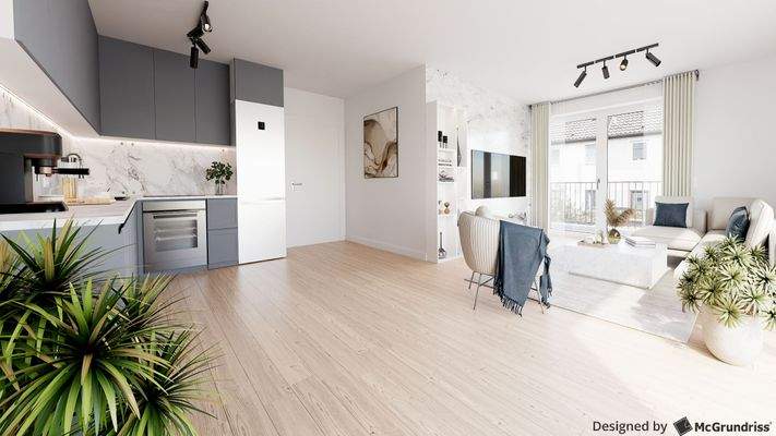 Visualisierung Wohnbereich mit Küche