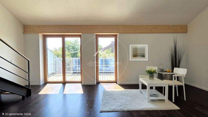 Wohnzimmer mit Ausblick auf den Balkon