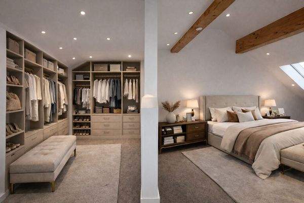 Schlafzimmer mit Begehbaren Kleiderschrank virtuell gestaged