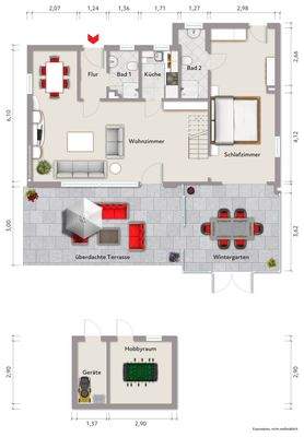 Grundriss Erdgeschoss (nicht maßstabsgerecht, Möblierungsbeispiel)