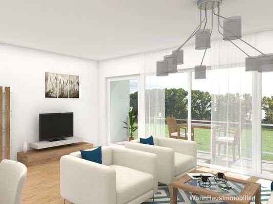 Visualisierung - Wohnzimmer mit Terrasse und Gartenzugang