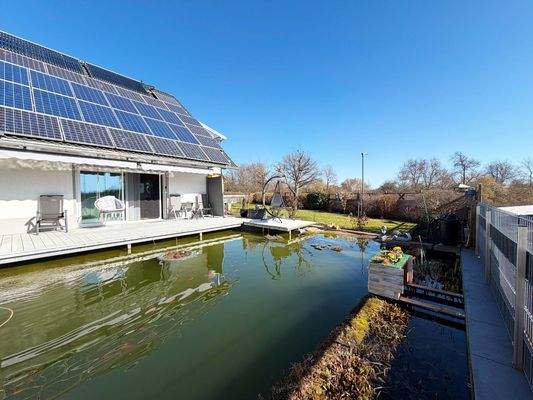 Außenansicht Garten: Teichanlage schafft ruhige Atmosphäre und besonderen Blickfang im Garten