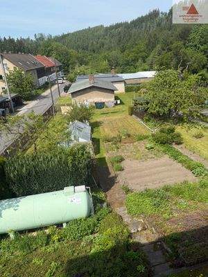 Blick in den Garten und auf Waschhaus