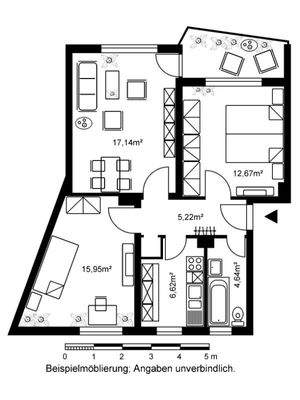 Grundriss mit Flur (5,22 m²), Tageslichtbad (4,64 m²), Küche (6,62 m²), Wonhzimmer (17,14 m²), Schlafzimmer (12,67 m²), Kinderzimmer (15,95 m²) und Balkon