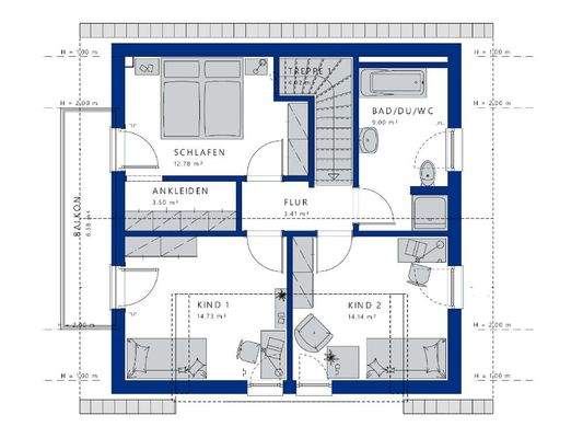 2 gleich große Kinderzimmer und Eltern mit Ankleide