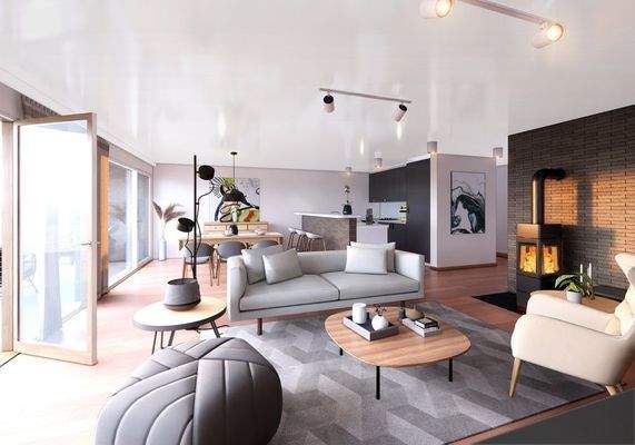 Visualisierung Wohnzimmer, Kamin im Penthouse