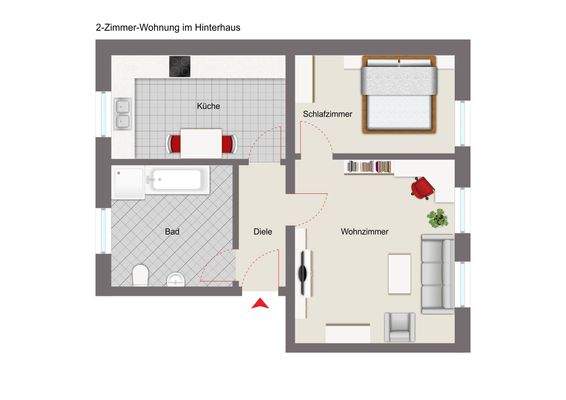 Schematischer Grundriss 2-Zimmer-Wohnung im hinteren Haus