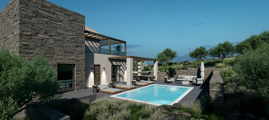 Kreta, Exantis: Neubau! Zwei luxuriöse Steinvillen mit privaten Pools zum Verkauf