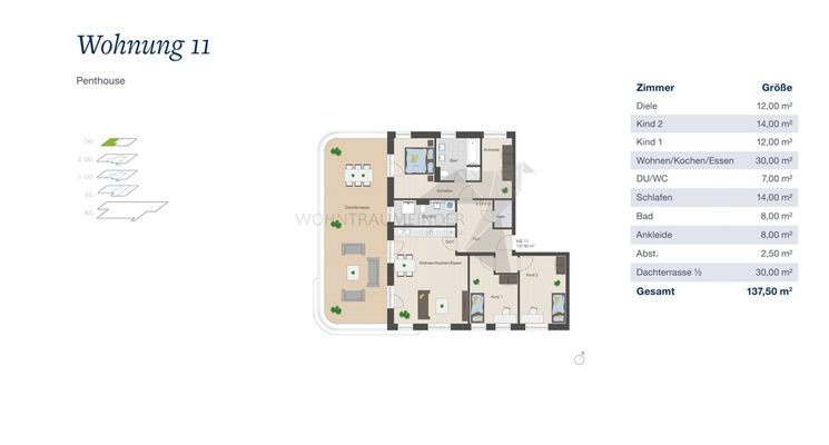 Grundriss WE11 Penthouse klein-137,50m² 4 Raum