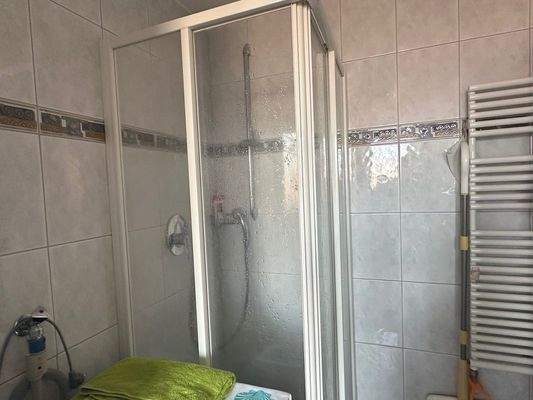 Badezimmer mit Dusche und Waschmaschinenanschluss