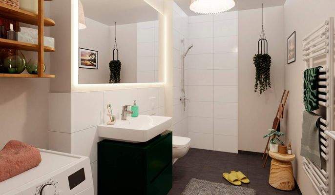 Ein modern gefliestes Badezimmer