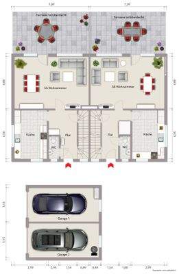 Grundriss Hochparterre (nicht maßstabsgerecht, Möblierungsbeispiel)
