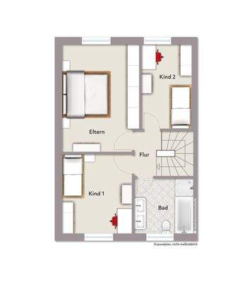 Grundriss Dachgeschoss (nicht maßstabsgerecht, Möblierungsbeispiel)