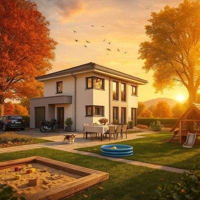 Herbstlicher Garten mit modernem Haus Sunshine 125