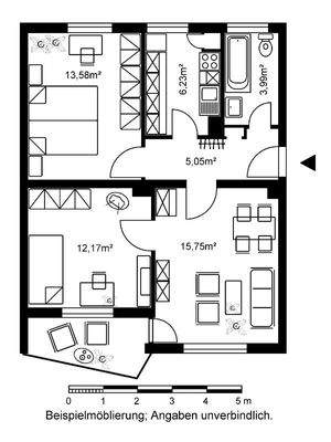Grundriss mit Flur (5,05 m²), Tageslichtbad (3,99 m²), Küche (6,23 m²), Wohnzimmer (15,75 m²), Schlafzimmer (13,58 m²), Kinderzimmer (12,17 m²) und Balkon