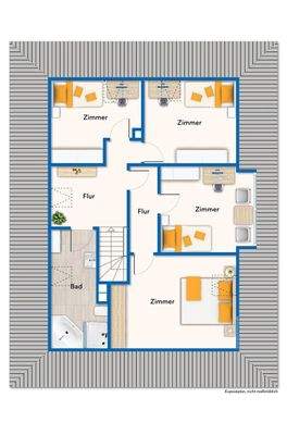 Obergeschossgrundriss mit Mustermöblierung