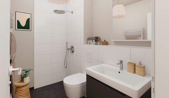 Modern gefliestes Bad mit bodengleicher Dusche im 