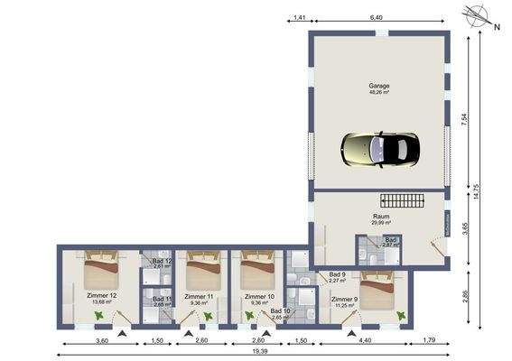 Grundriss zweites Südgebäude mit 2 Zimmern