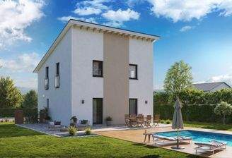 Hausansicht Pultdach Garten mit Pool